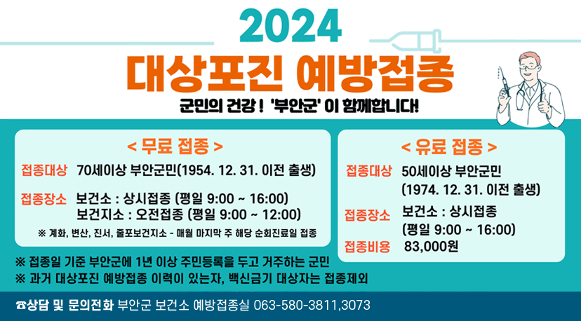 2024 대상포진 예방접종 2024 대상포진 예방접종
군민의 건강! '부안군'이 함께합니다!
<무료 접종>
접종대상: 70세 이상 부안군민(1954.12.31. 이전 출생)
접종장소: 보건소: 상시접종(평일 09:00~16:00), 보건지소: 오전접종(평일 09:00~12:00)
※계화, 변산, 진서, 줄포보건지소-매월 마지막 주 해당 순회진료일 접종
<유료 접종>
접종대상: 50세 이상 부안군민(1974.12.31. 이전 출생)
접종장소: 보건소: 상시접종(평일 09:00~16:00)
접종비용: 83,000원

※접종일 기준 부안군에 1년 이상 주민등록을 두고 거주하는 군민
※과거 대상포진 예방접종 이력이 있는자, 백신금기 대상자는 접종제외
☎상담 및 문의전화 부안군보건소 예방접종실 063-580-3811,3073